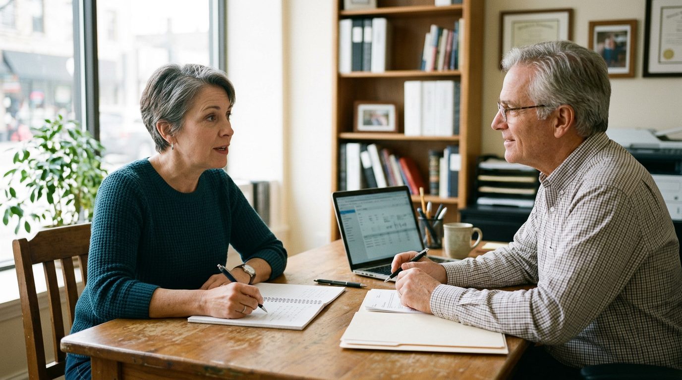 A woman asking questions during a meeting with a financial professional
