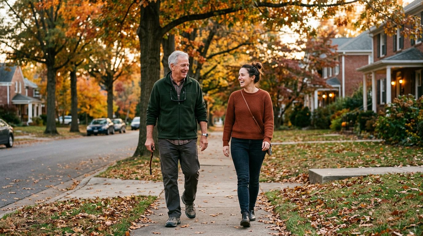 A retired man walking with his adult daughter on a tree-lined street in autumn